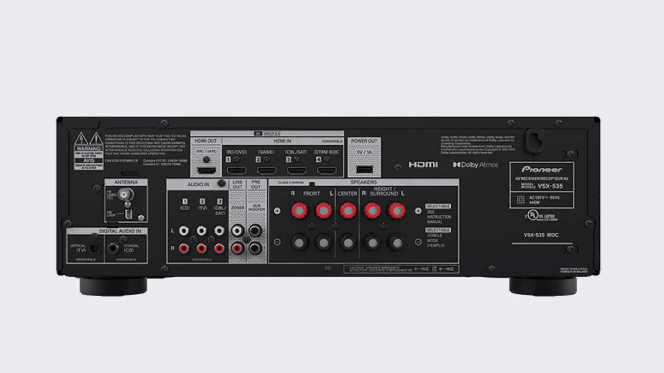 Rückansicht eines schwarzen Pioneer VSX-535 Receivers mit verschiedenen Eingangsanschlüssen. Text.