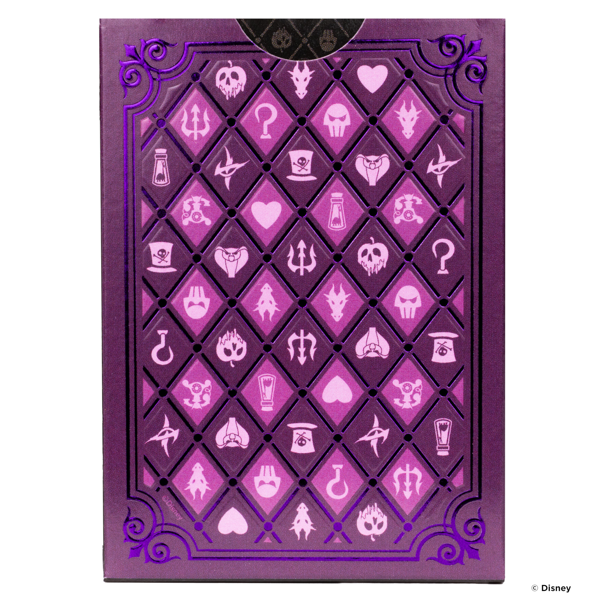 Rückseite einer Spielkartenbox mit lilafarbenen Akzenten und verschiedenen Symbolen auf weißem Hintergrund.