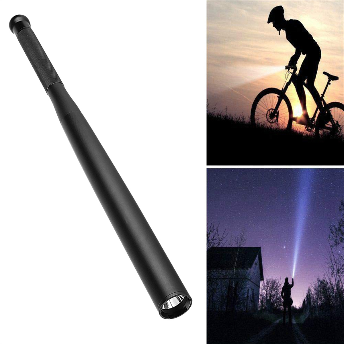 Ein schwarzer Taschenlampenknüppel. Außerdem eine Person auf dem Fahrrad mit Licht und eine Person mit Licht.