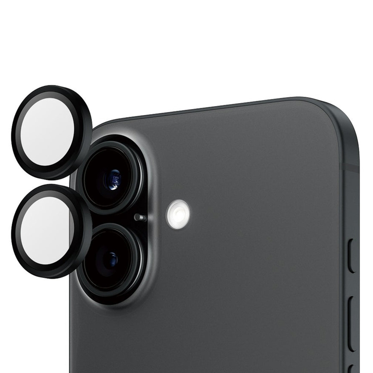 Kamera çıkıntısı ve iki ek kamera lens koruyucusu olan bir telefon.