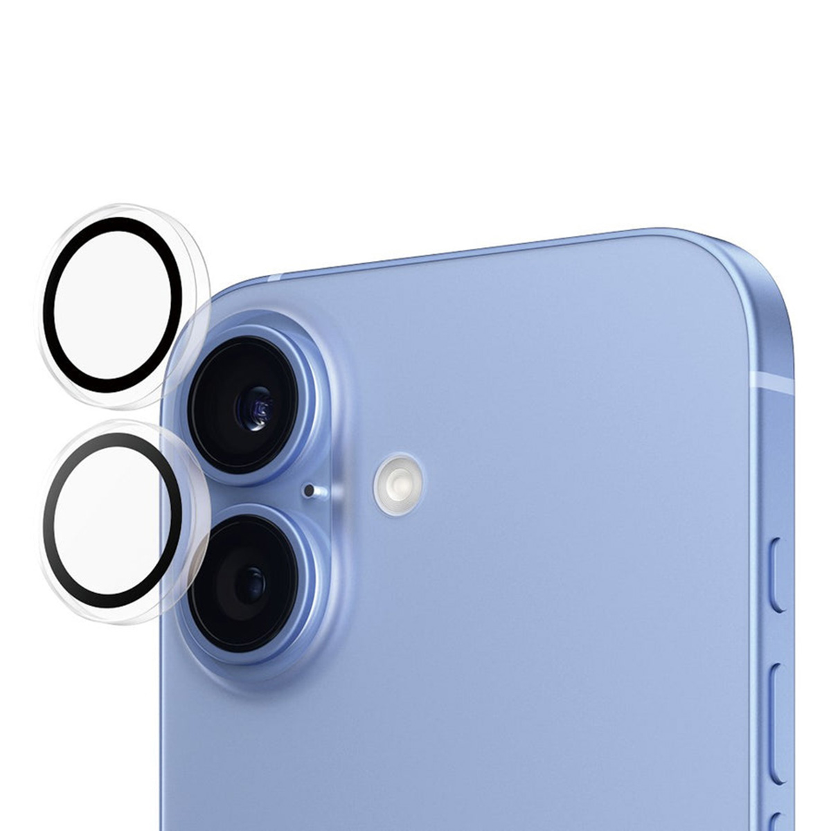 Açık mavi telefonun iki kamera lensi ve iki lens koruyucusu ile yakın çekimi. Beyaz arka plan.