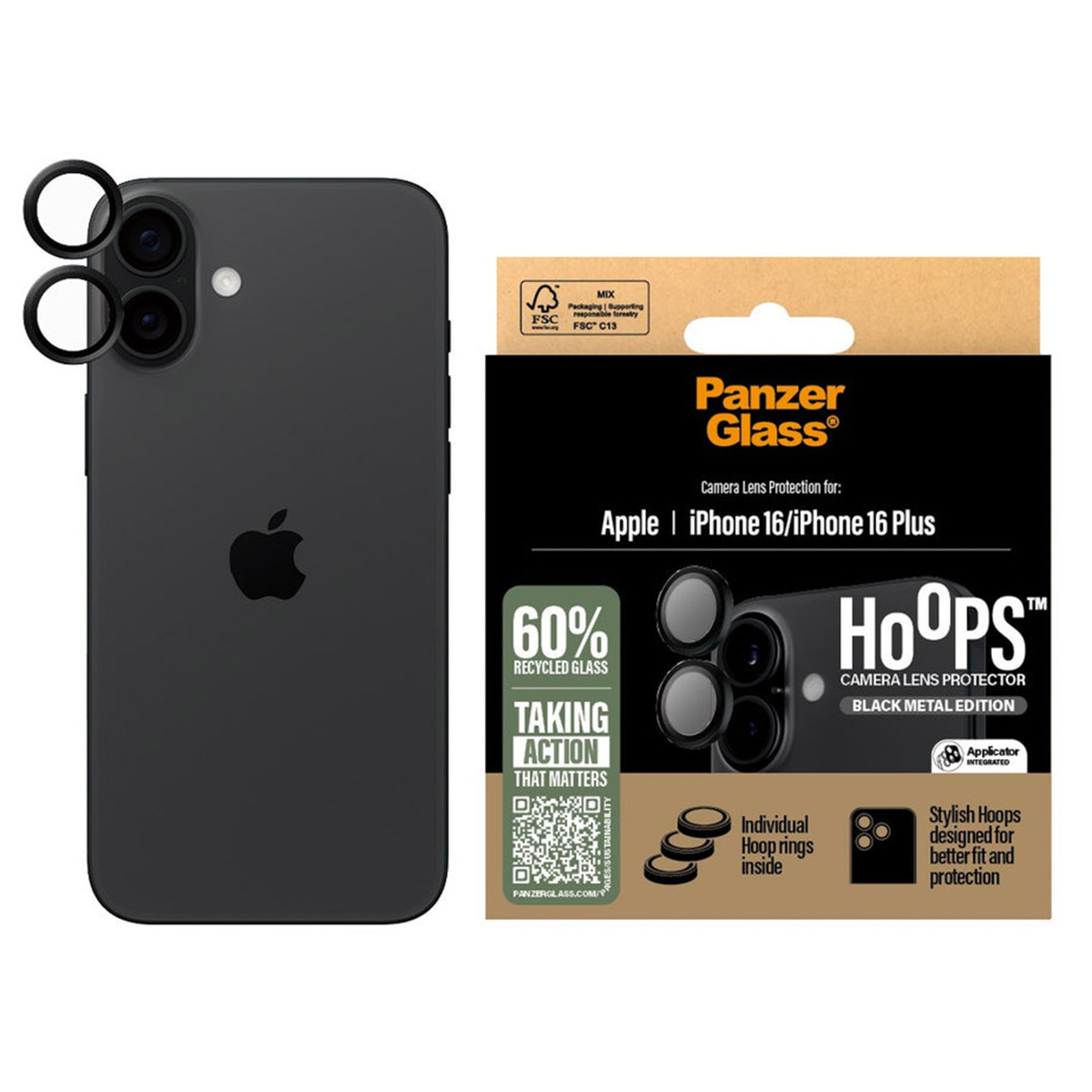 Bir kutuda iPhone arka ve kamera lens koruyucuları. Siyah telefon, lens koruyucuları.