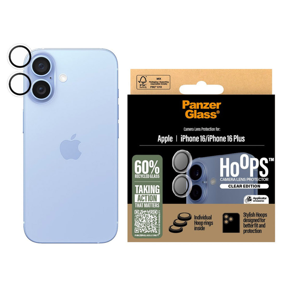 Kamera lens koruyucuları olan telefon ve bilgi içeren bir kutu.