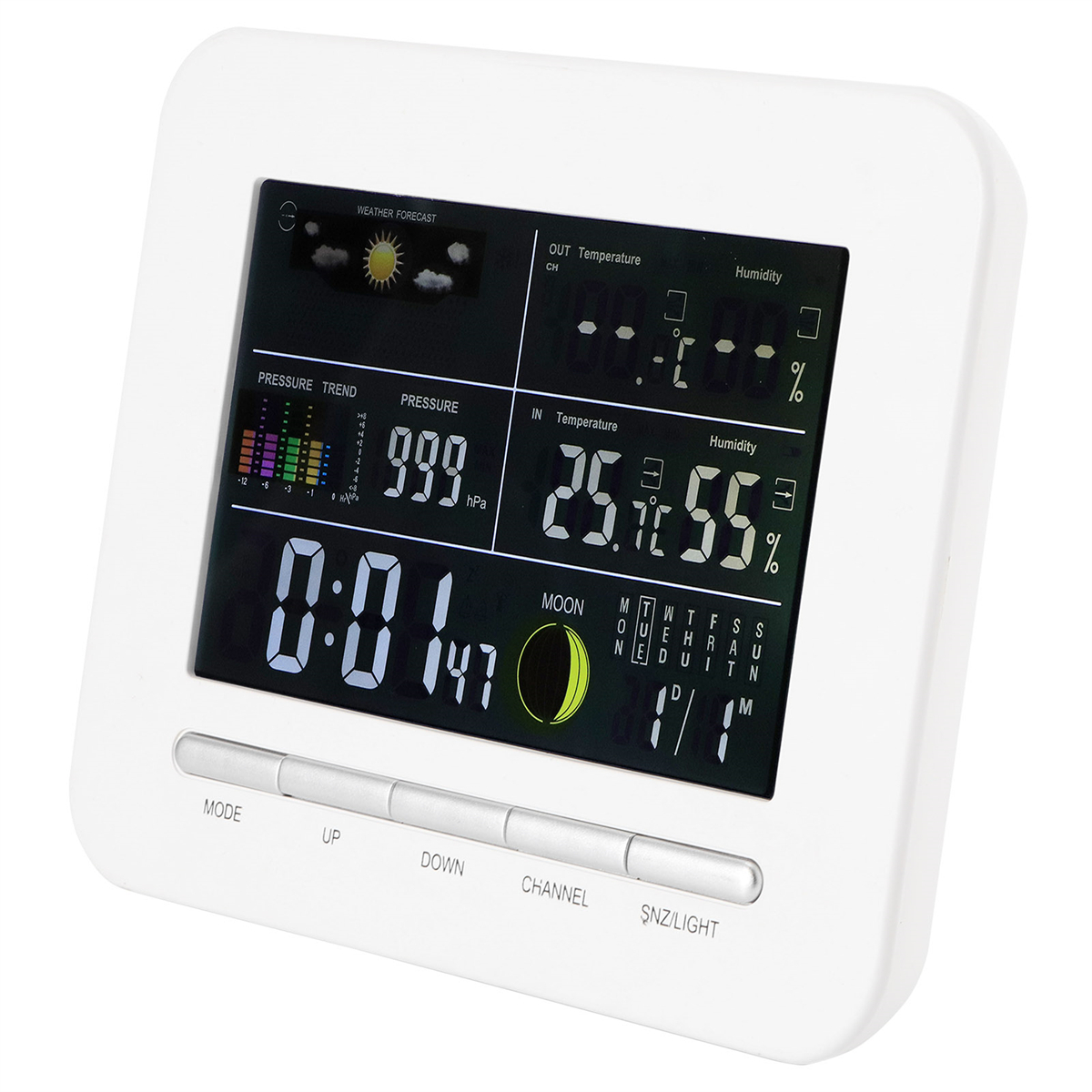 Weißes Wetterstation mit Digitalanzeige. Zeigt Temperatur, Druck, Luftfeuchtigkeit und Zeit.