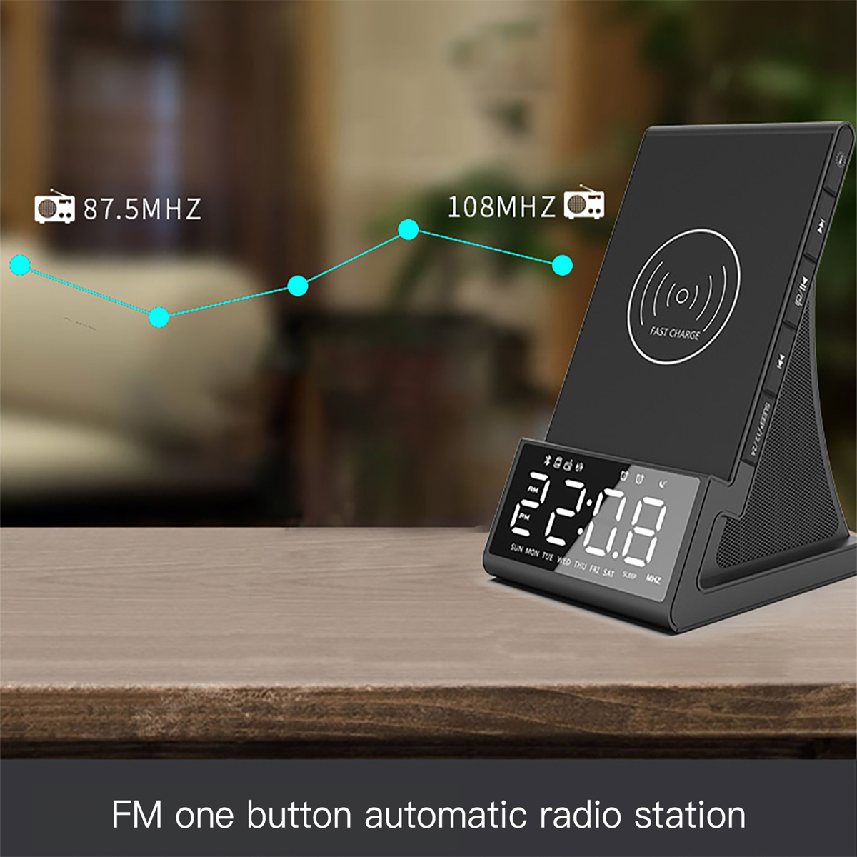 Digitaluhr mit Telefon, UKW-Radio und kabellosem Laden.
