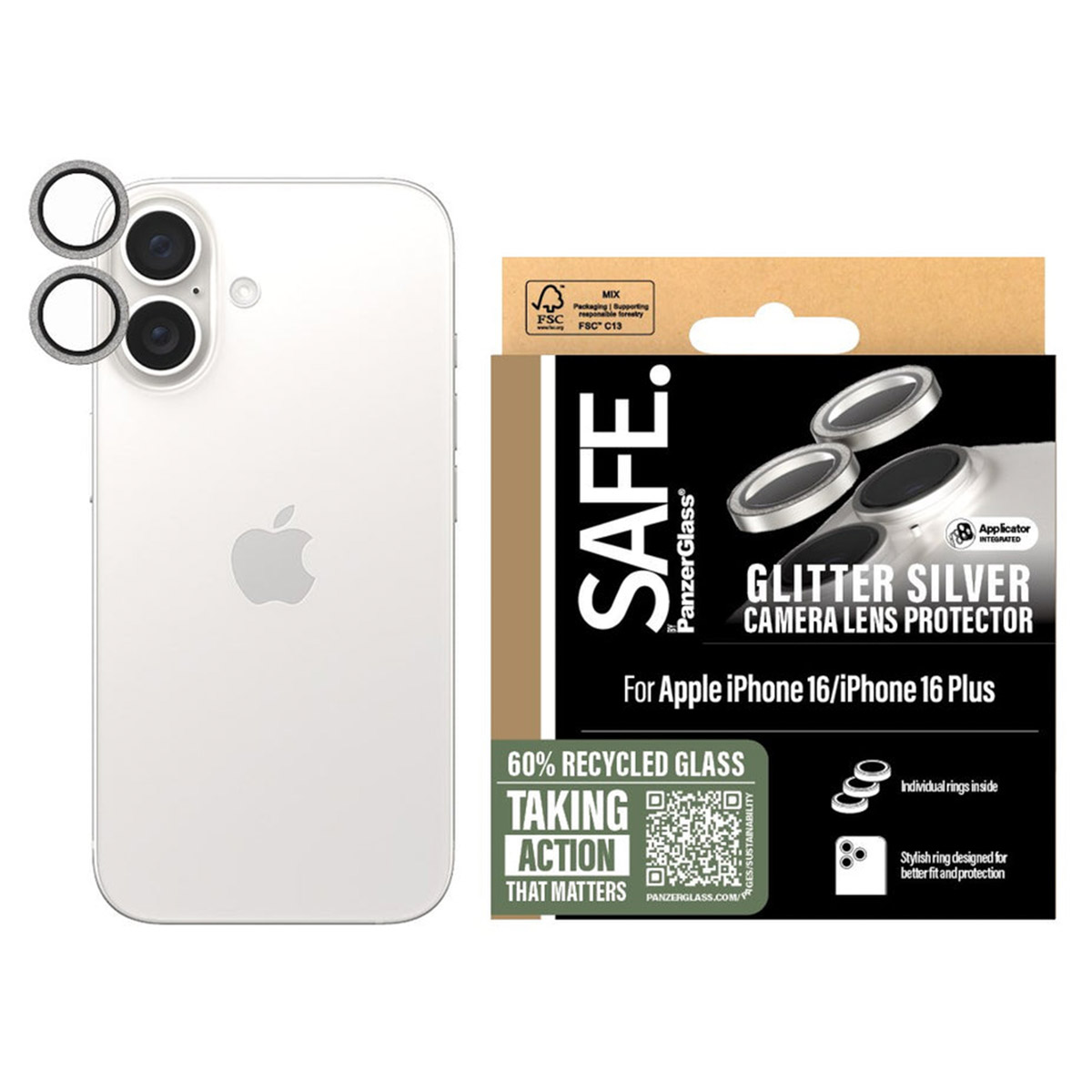 iPhone bianco e protezioni per lenti della fotocamera in una confezione.