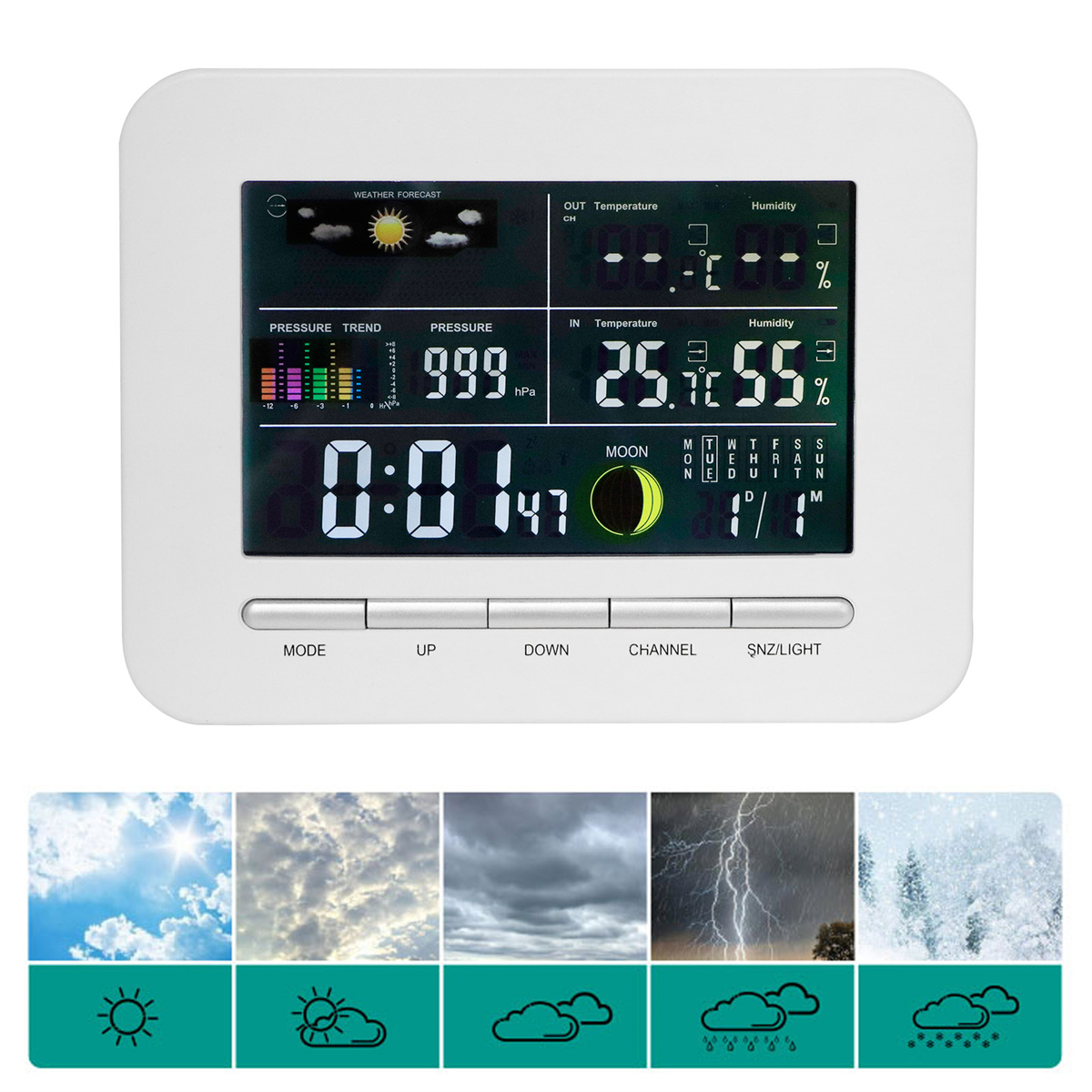 Wetterstation mit Temperatur, Luftfeuchtigkeit und Prognose-Symbolen. Zeigt 0:01 Uhr. Hat verschiedene Wettersymbole.
