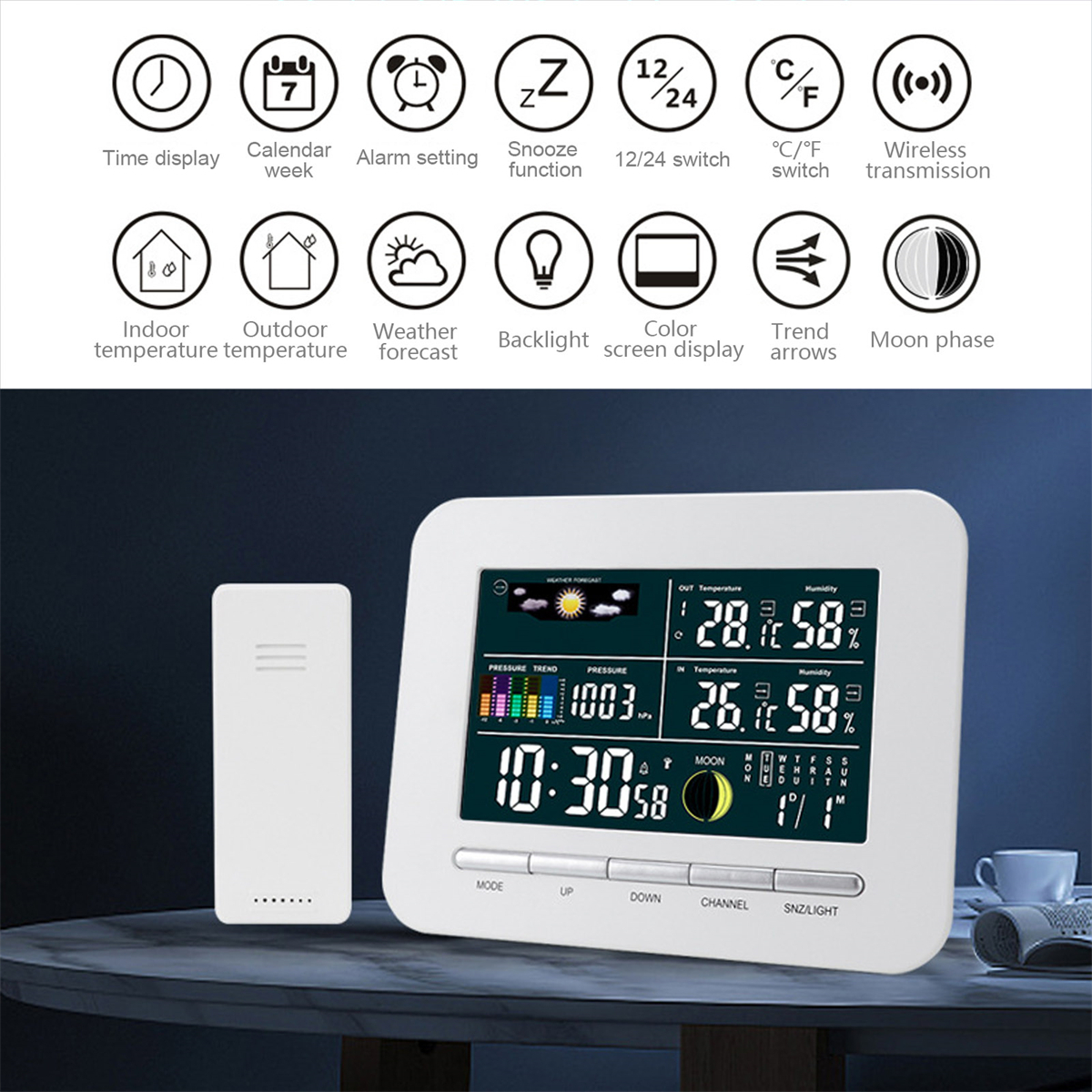 Wetterstation mit Temperatur, Luftfeuchtigkeit und Druck. Symbole für Funktionen werden angezeigt.
