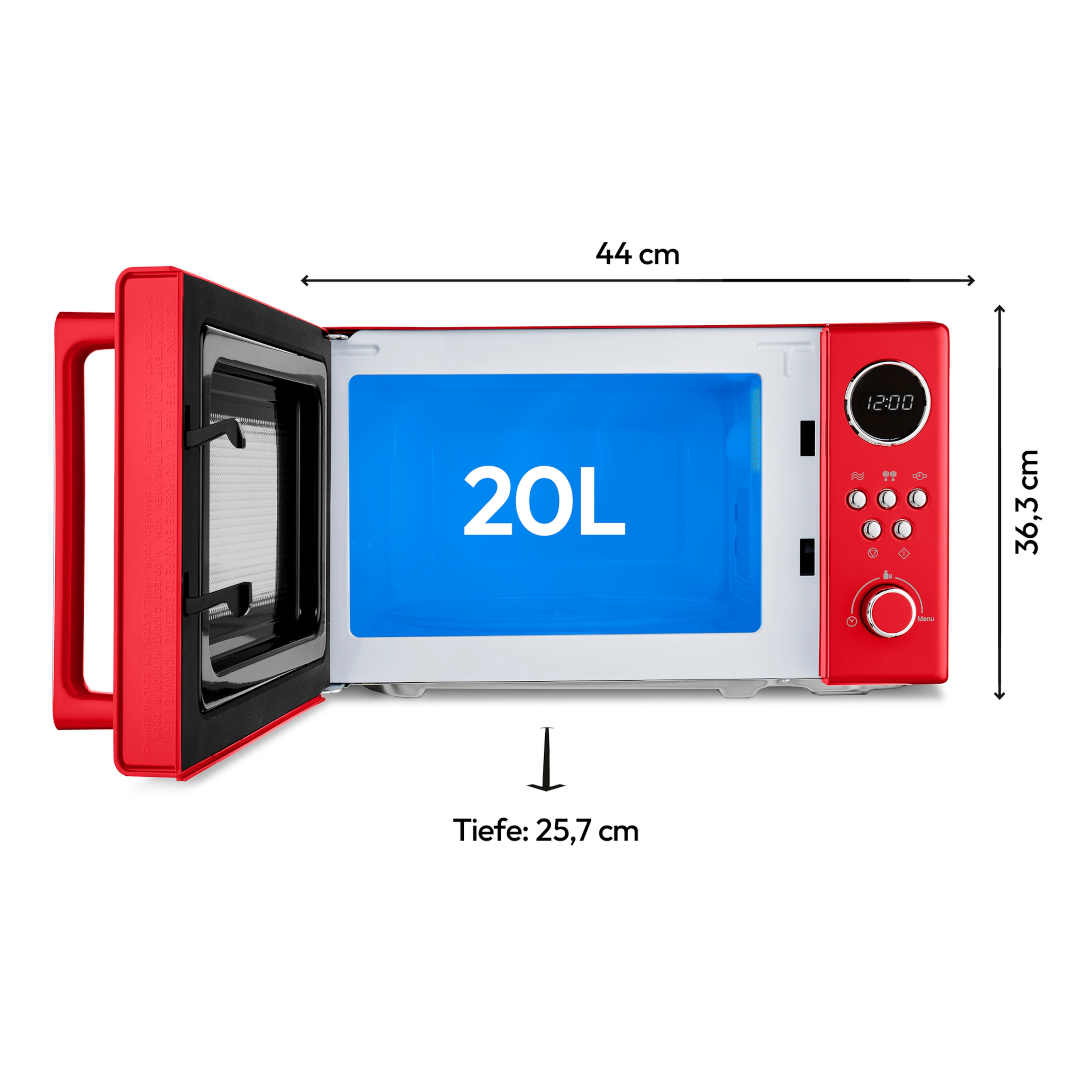 Czerwona kuchenka mikrofalowa z otwartymi drzwiami, wnętrze z niebieskim tłem, wymiary wyświetlone.