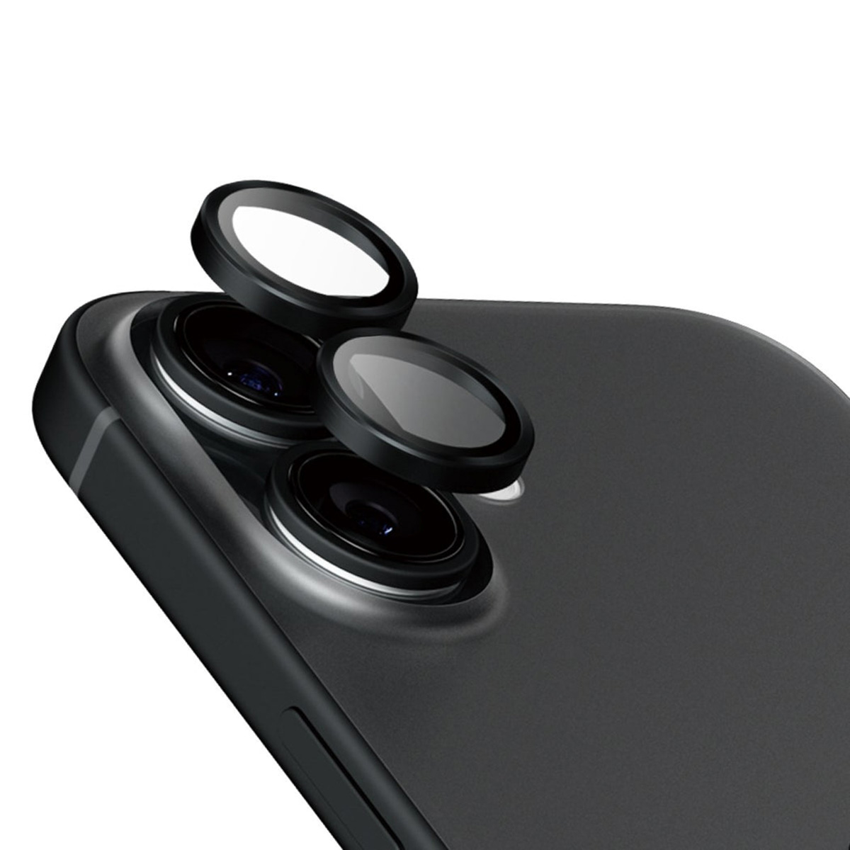 Gros plan d'un téléphone avec trois lentilles et des cache-objectifs noirs.