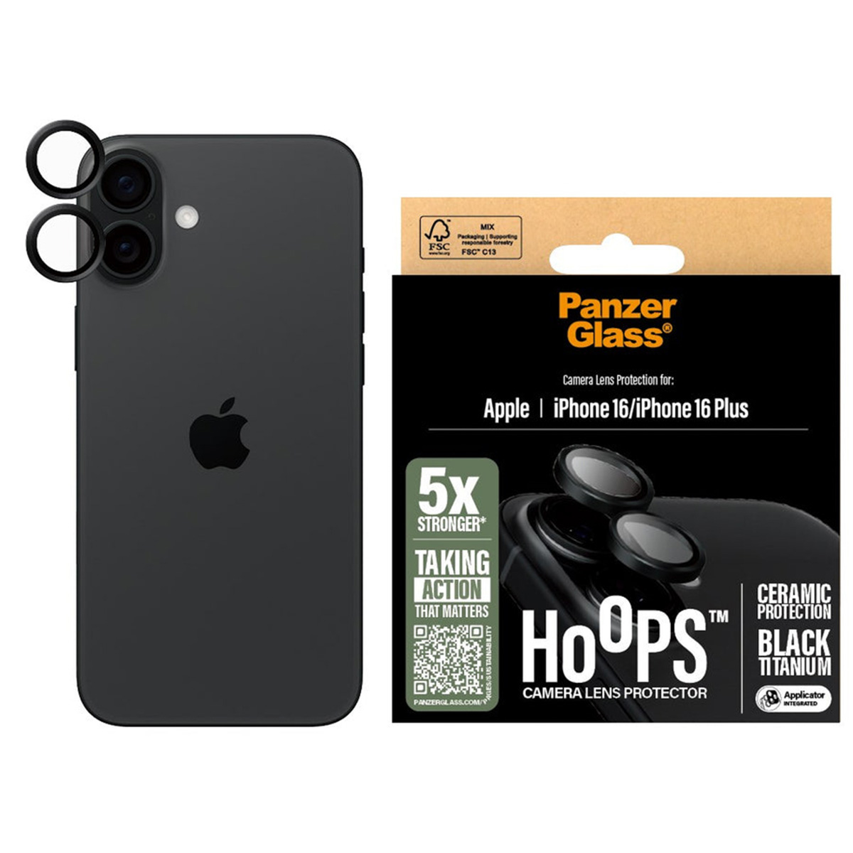 Un téléphone noir avec des protections d'objectif d'appareil photo et une boîte d'emballage. La boîte a du texte et un logo.