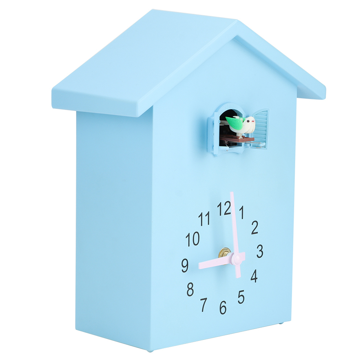 Eine hellblaue Kuckucksuhr mit einem Vogel. Uhr zeigt 12:00 mit rosa Zeigern.