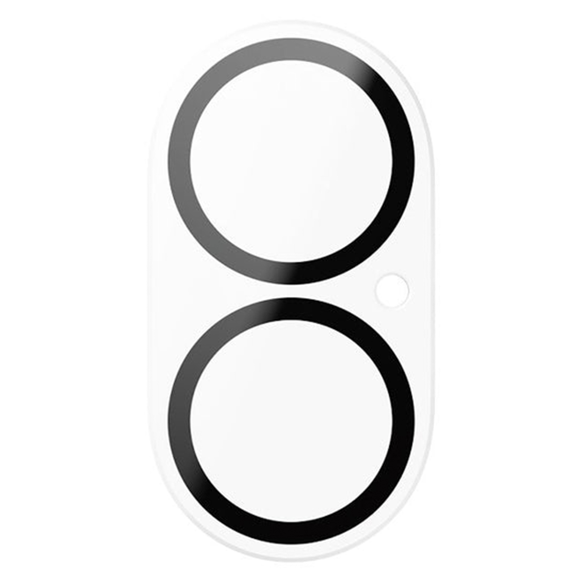 Protezione per lenti del telefono bianca con due cerchi bordati di nero e un piccolo foro.