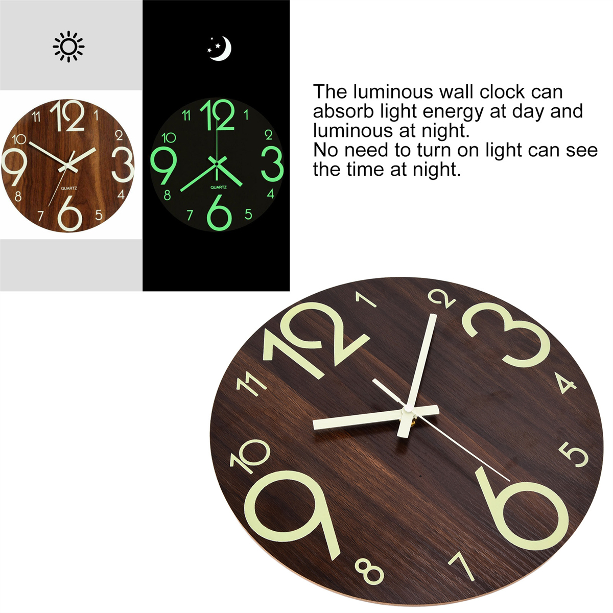 Wanduhr aus Holz mit leuchtenden Zahlen. Dunkles Holz, helle Ziffern und Zeiger. Tages- und Nachtansicht.