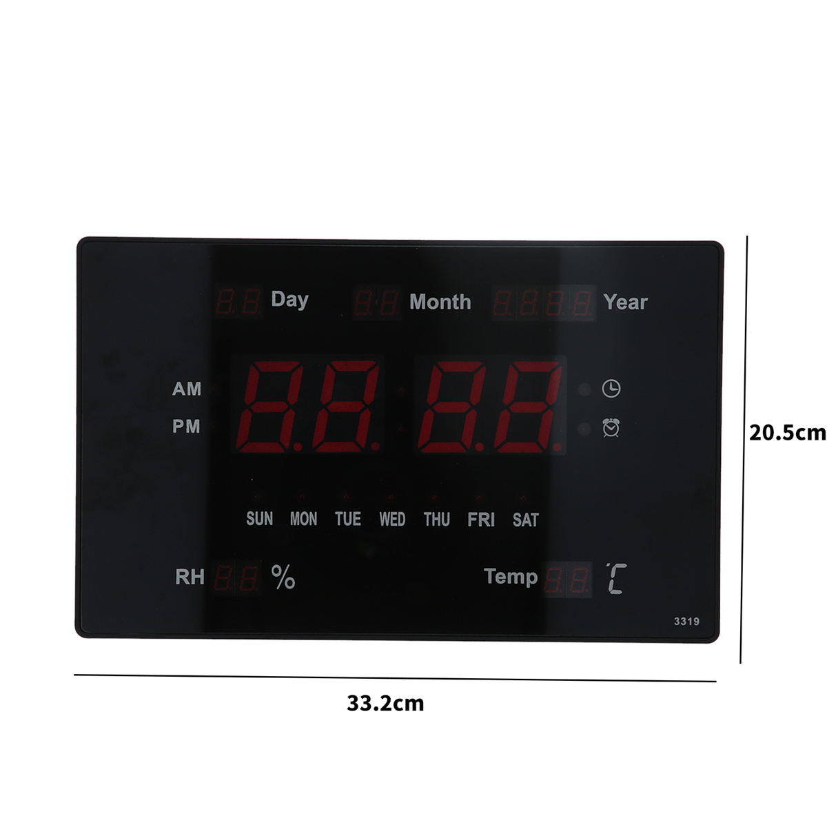 Eine schwarze Digitaluhr mit Zeit-, Tages-, Monats- und Jahresanzeige, mit Maßen.