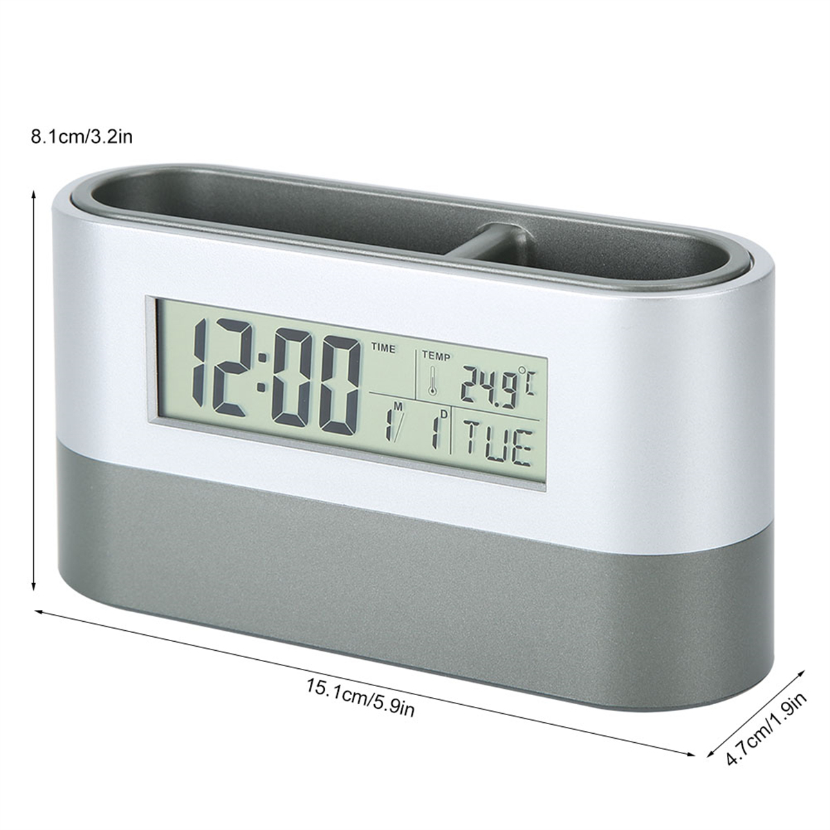 Graue und silberne Digitaluhr mit Stifthaltern. Abmessungen sind in cm/Zoll angegeben.
