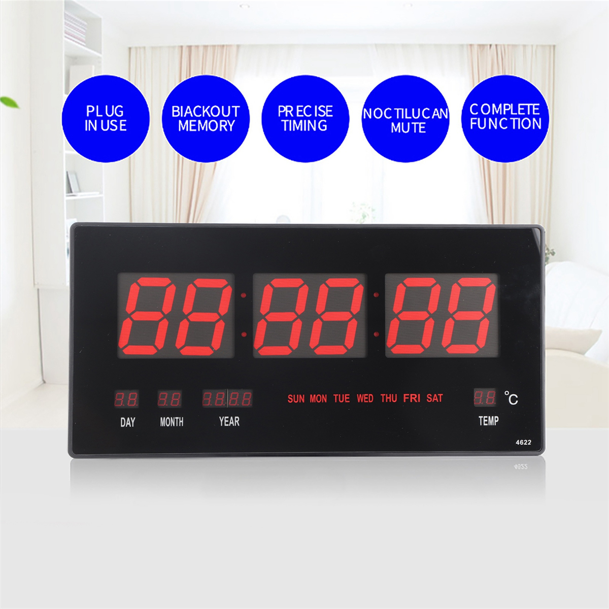 Schwarze Digitaluhr mit 88:88:88, mit Tag, Monat, Jahr, Temperaturanzeige und Symbolen.