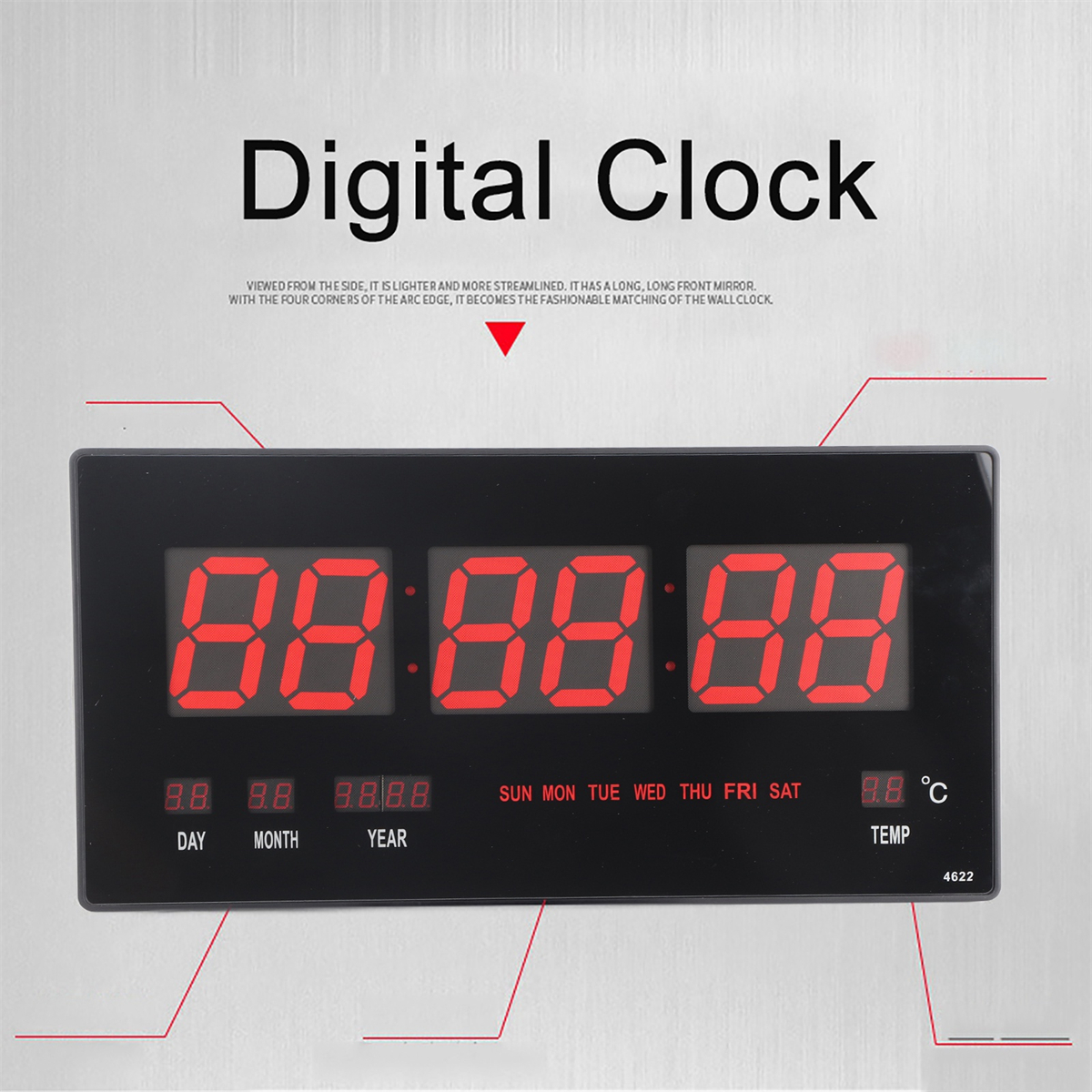 Schwarze Digitaluhr mit roten Ziffern, die Zeit und Datum anzeigen, an der Wand.