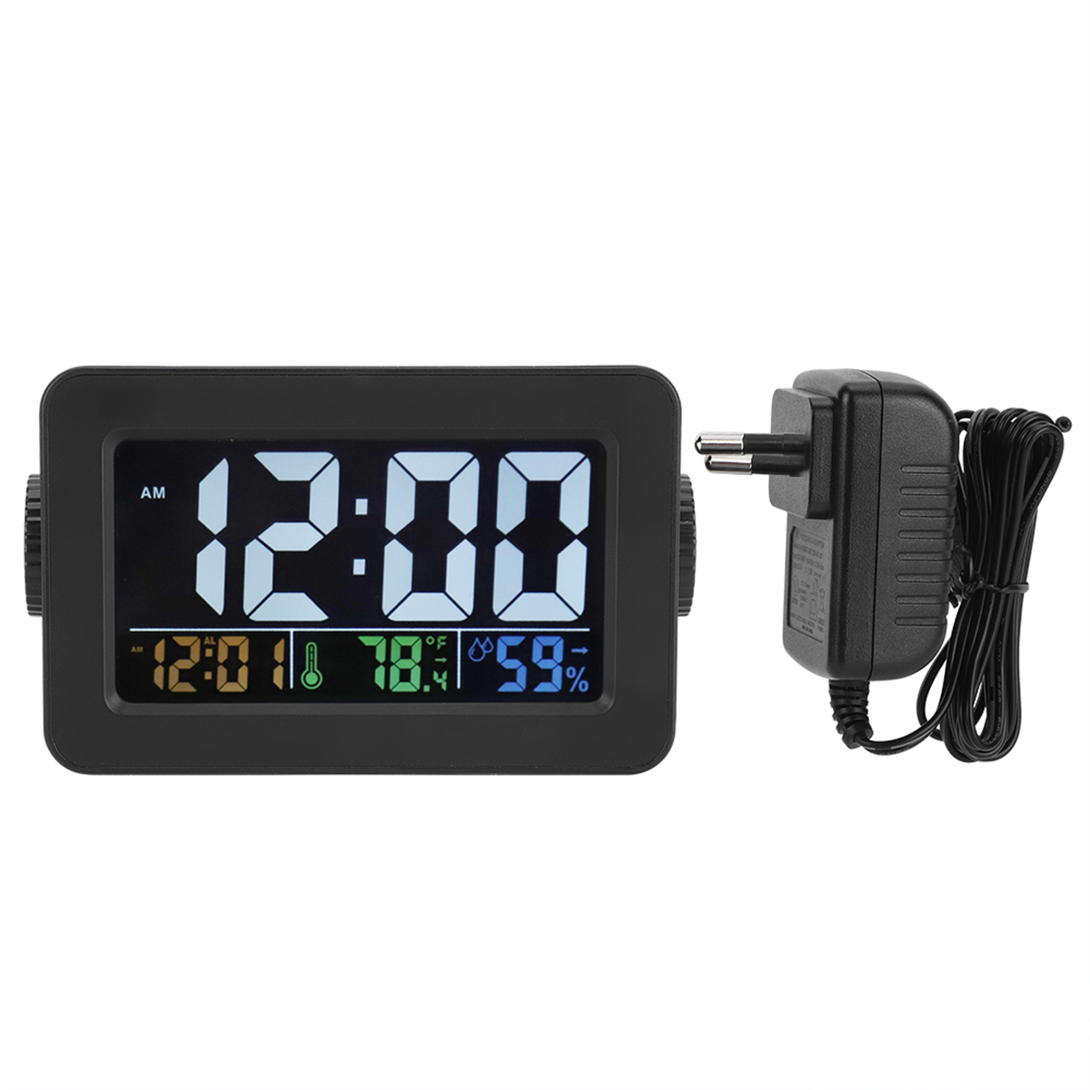 Eine schwarze Digitaluhr mit Netzteil, die Zeit und Temperatur anzeigt.