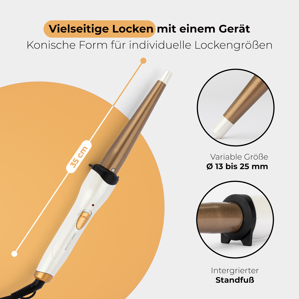 Lokówka do włosów w białym i złotym kolorze. Lokówka jest biała ze złotymi detalami i czarnym kablem.