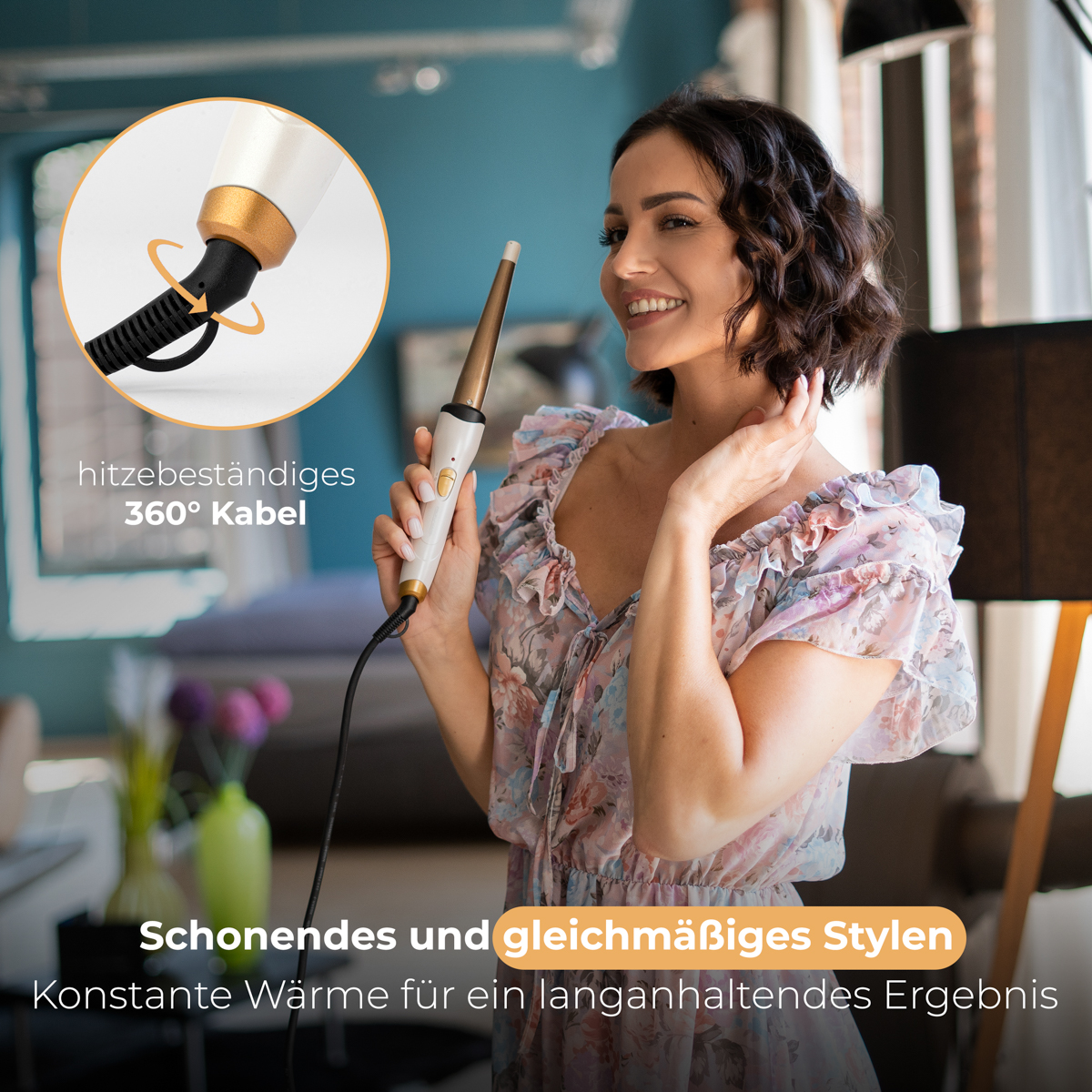 Kobieta kręci włosy lokówką. Jest czarny przewód.