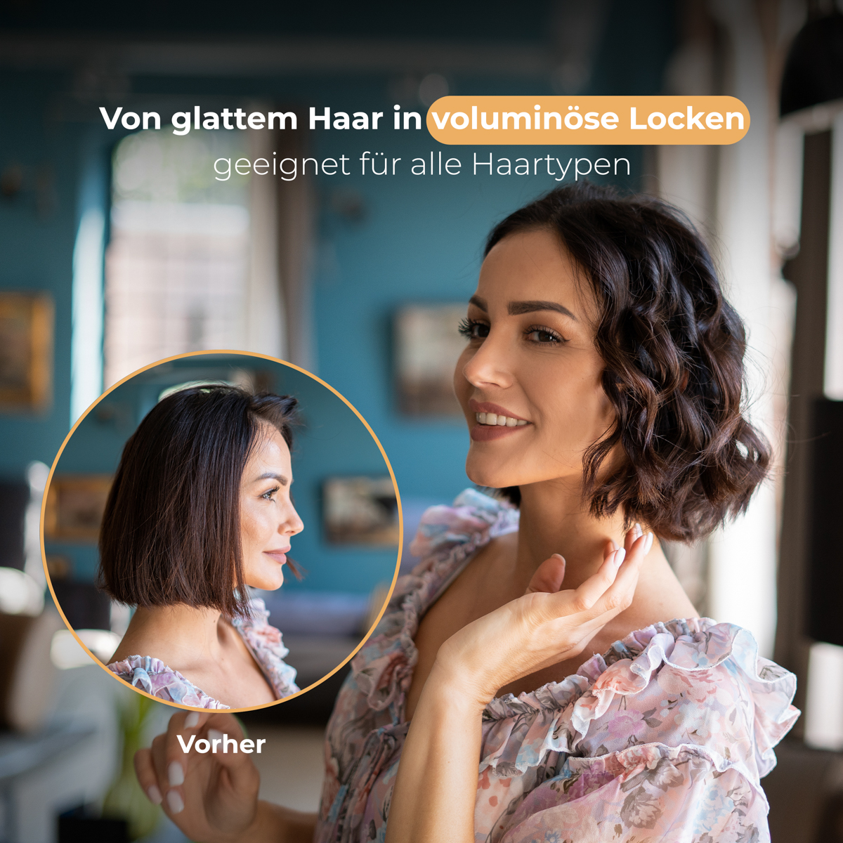 Kobieta uśmiecha się, pokazując transformację kręconych włosów. Porównanie.