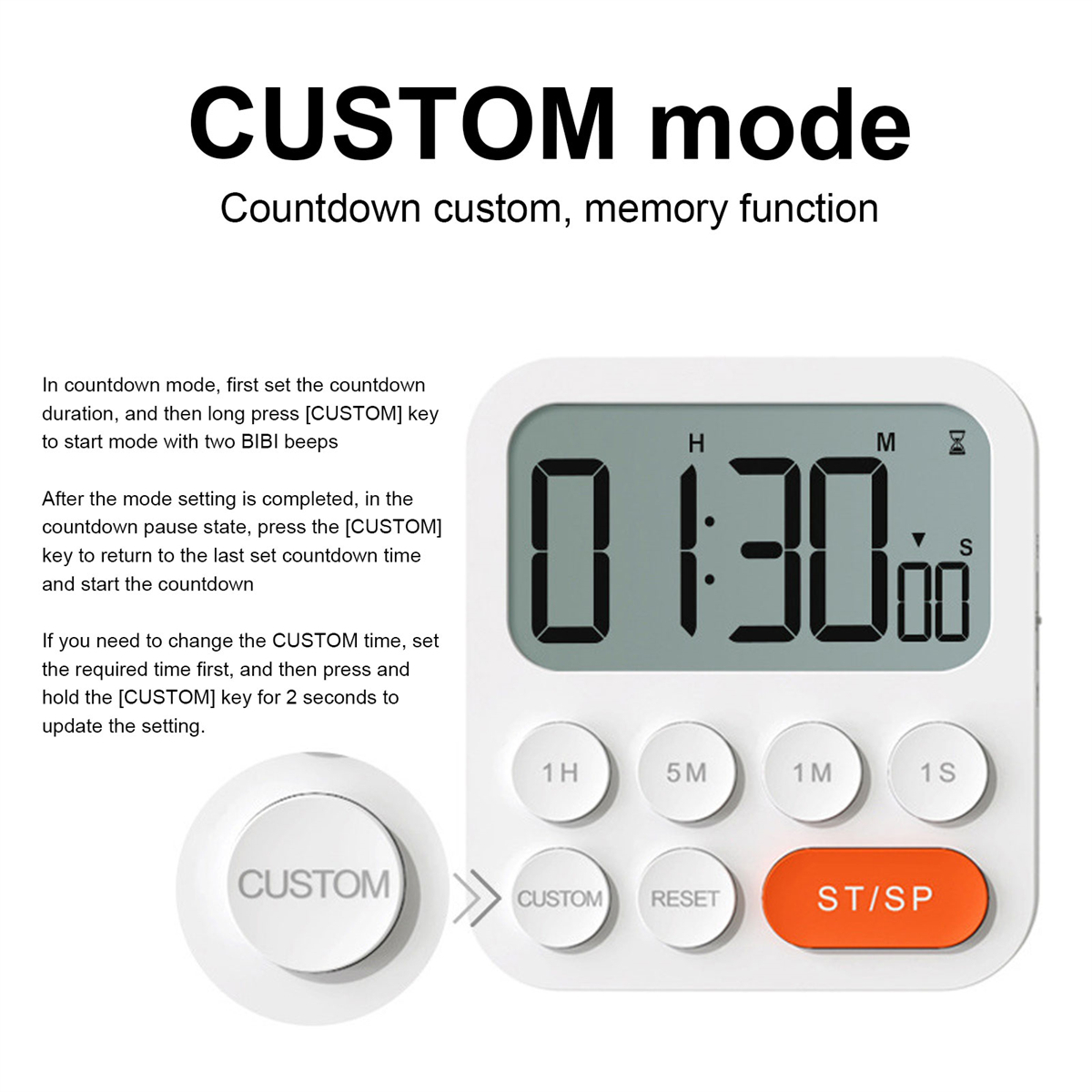 Weißer digitaler Timer mit Tasten, Anzeige 01:30:00, und eine Custom-Mode-Taste.