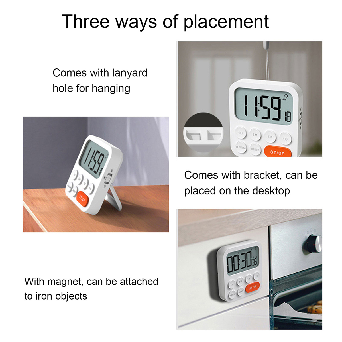 Timer mit drei Platzierungsoptionen: hängend, Schreibtisch mit Ständer und an Metall befestigt.