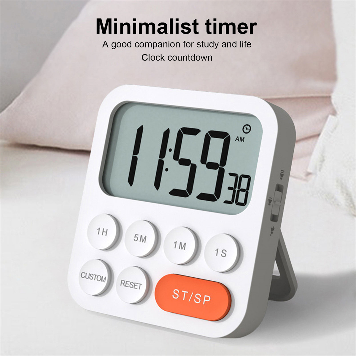 Weißer Timer mit Digitalanzeige 11:59:38 und Tasten für Zeiteinstellungen. Oranger Startknopf.