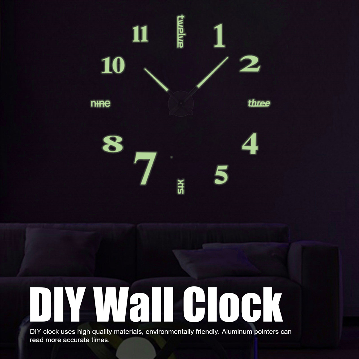 Eine DIY-Wanduhr mit leuchtend grünen Zahlen und Zeigern an einer schwarzen Wand. Der Hintergrund ist dunkel.