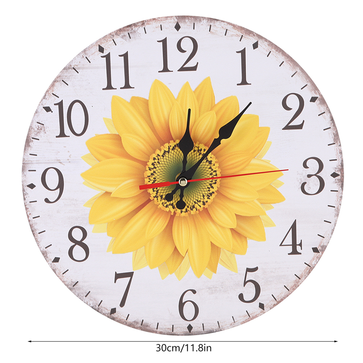 Weiße Holzuhr mit Sonnenblumendesign und schwarzen Zeigern.