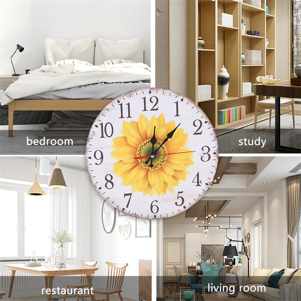 Uhr an einer Wand. Die Uhr befindet sich in der Mitte des Bildes. Der Hintergrund ist ein Schlafzimmer, Arbeitszimmer, Restaurant, Wohnzimmer.