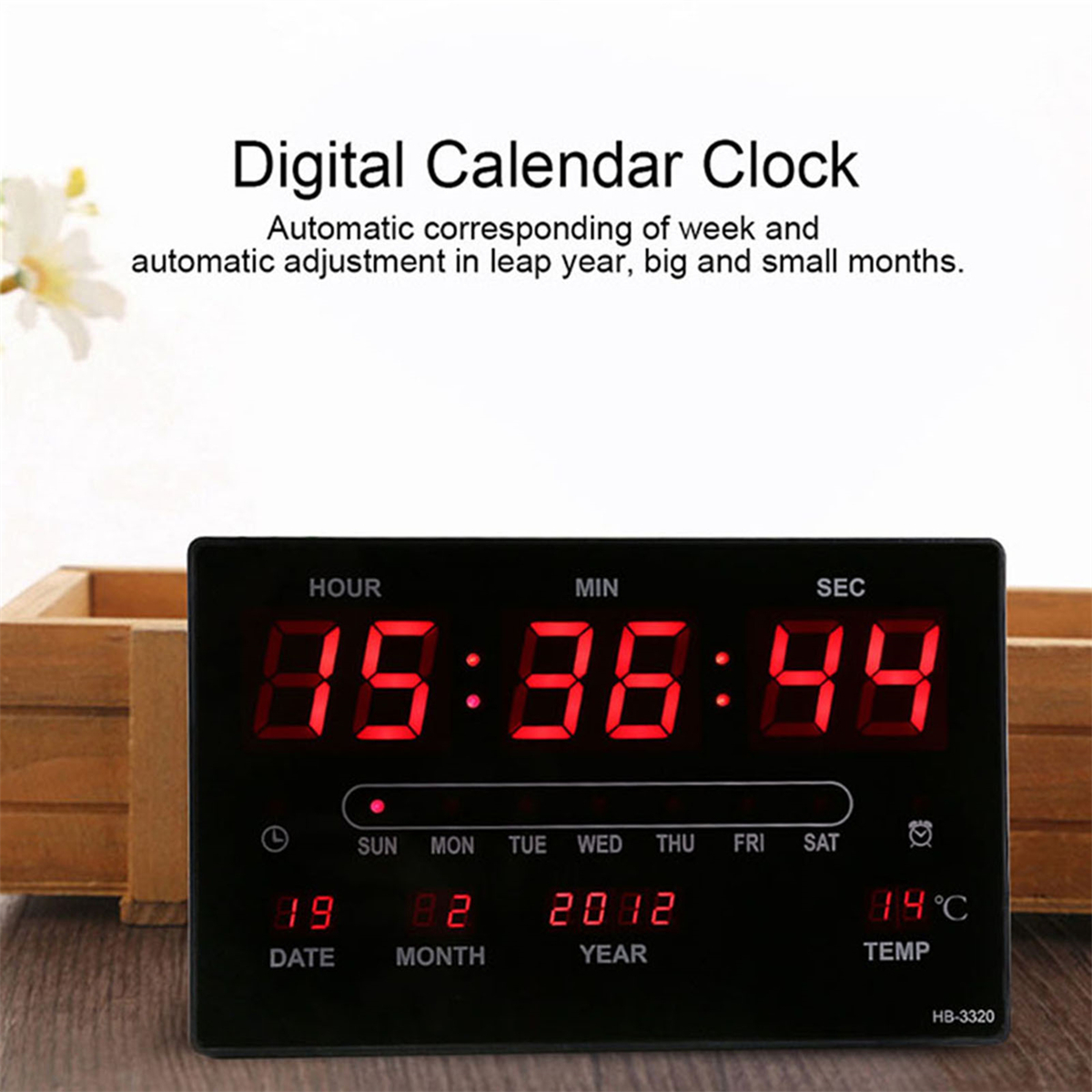 Digitaler Kalenderuhr, die 05:36:44 und das Datum 19-02-2012 anzeigt. Temperatur wird ebenfalls angezeigt.