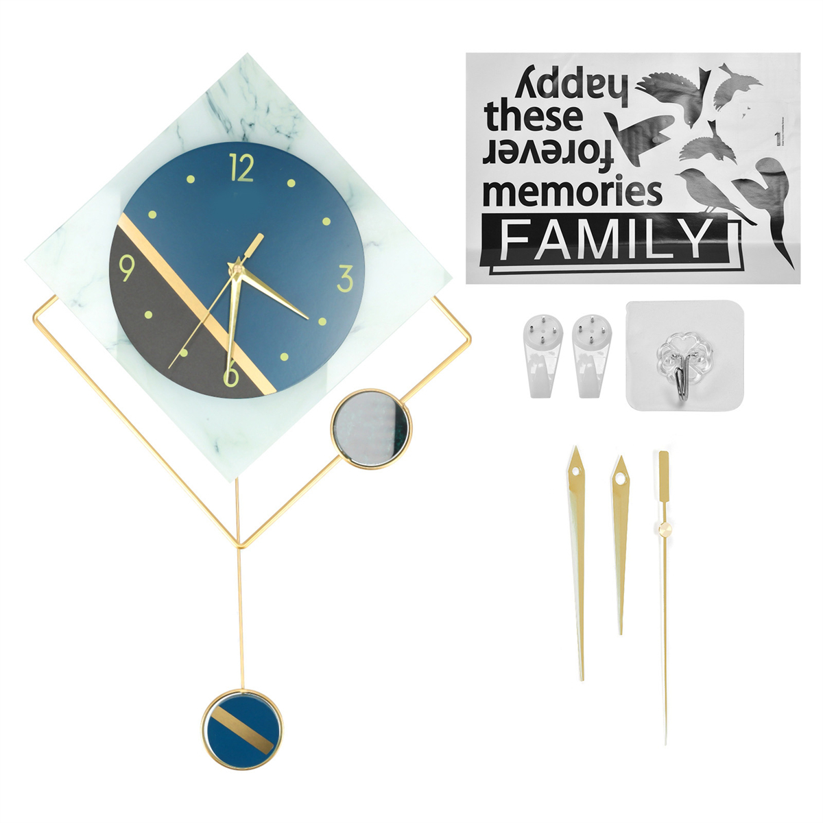 Wanduhr, goldene Details und Pendel. Familien-Dekor und Haken zum Aufhängen.