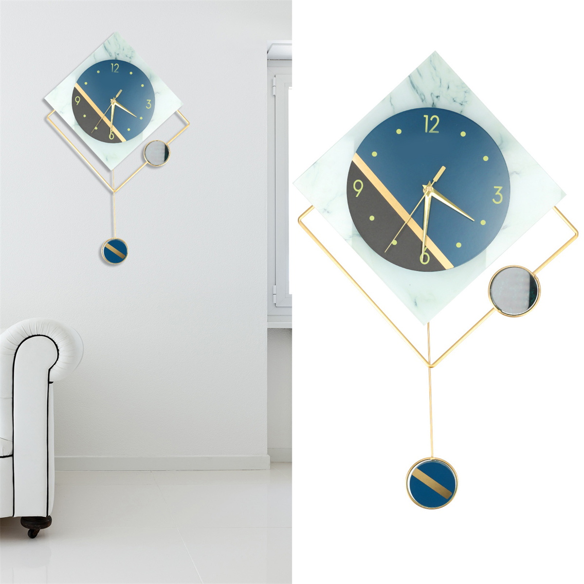 Moderne Wanduhr mit Diamantenform und goldenen Details.