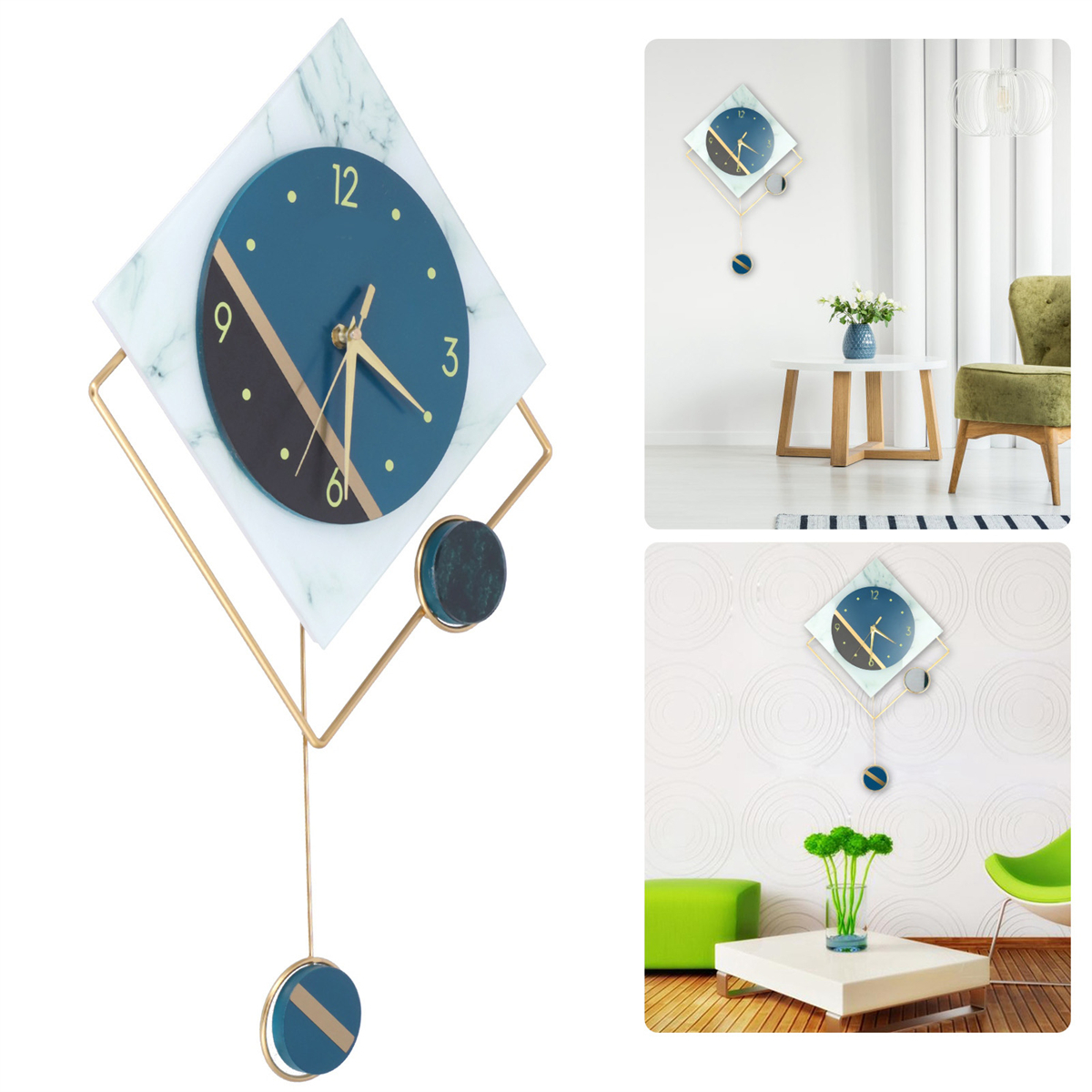 Eine moderne Uhr mit mehreren Ansichten, mit blauem Zifferblatt und goldenen Akzenten.