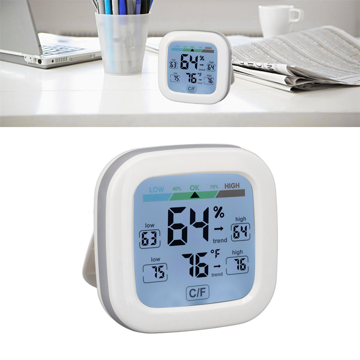 Eine Digitaluhr, die Zeit, Luftfeuchtigkeit und Temperatur anzeigt, auf einer weißen Oberfläche.