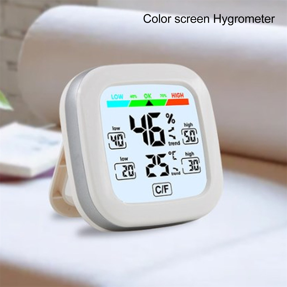 Digitales Hygrometer mit Anzeige, zeigt Feuchtigkeit und Temperatur an.