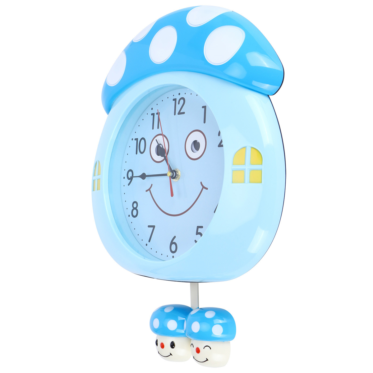 Eine cartoonartige hellblaue Pilzuhr. Die Uhr hat ein Gesicht mit Augen und einem lächelnden Mund.