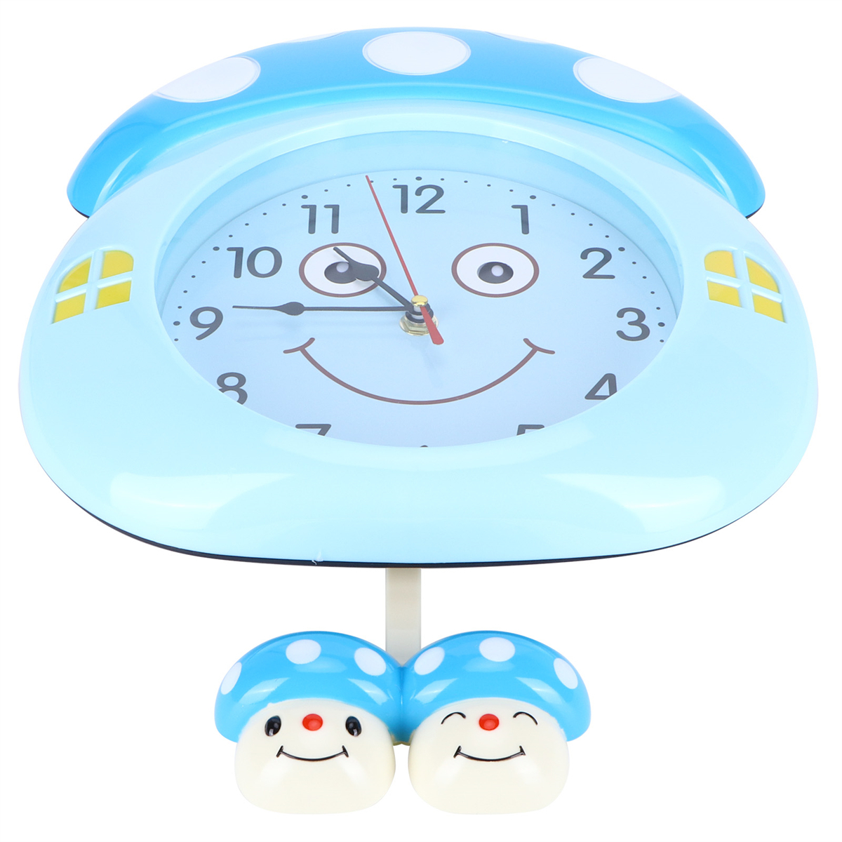 Eine pilzförmige Uhr. Sie ist hellblau mit einem lächelnden Gesicht und zwei pilzförmigen Füßen.