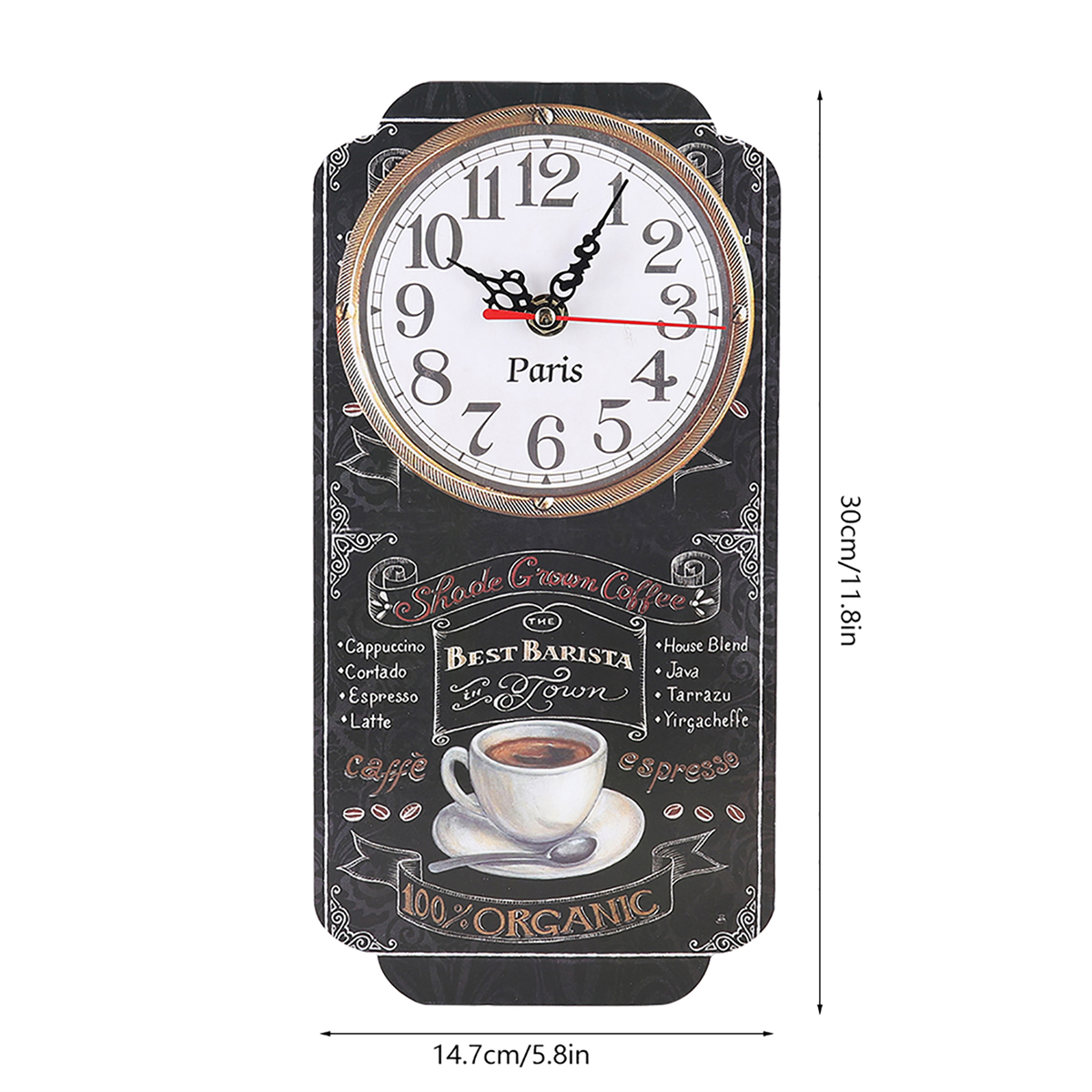 Schwarze Tafeluhr mit Kaffee-Details. Goldrand, weißes Zifferblatt. Zeigt die Uhrzeit an. Schwarzer Hintergrund.