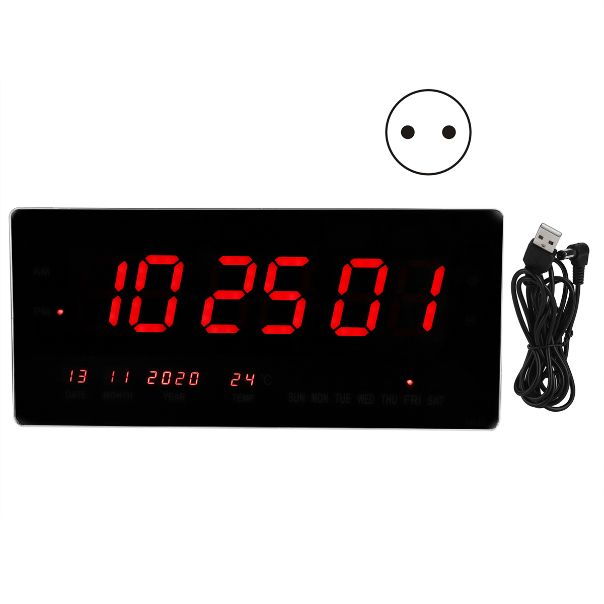 Eine Digitaluhr mit 10:25:01, Datum und Wochentag. Ein USB-Kabel und eine Steckdose sind ebenfalls vorhanden.