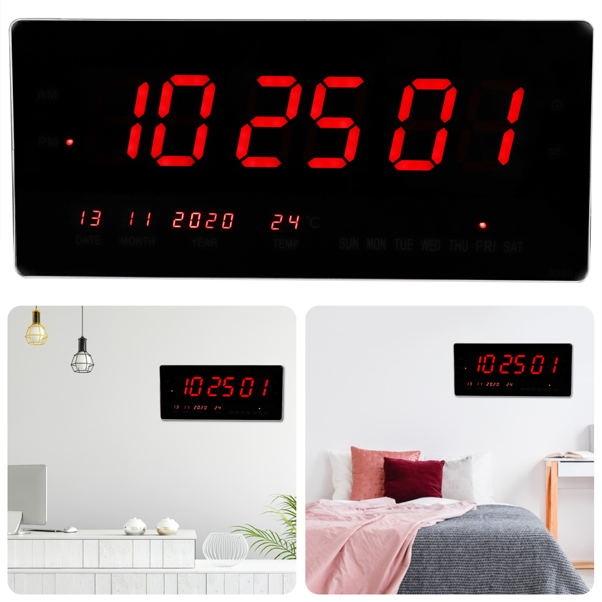 Schwarze Digitaluhr mit Anzeige von Zeit, Datum und Temperatur. Mehrere Ansichten der Uhr an einer weißen Wand.