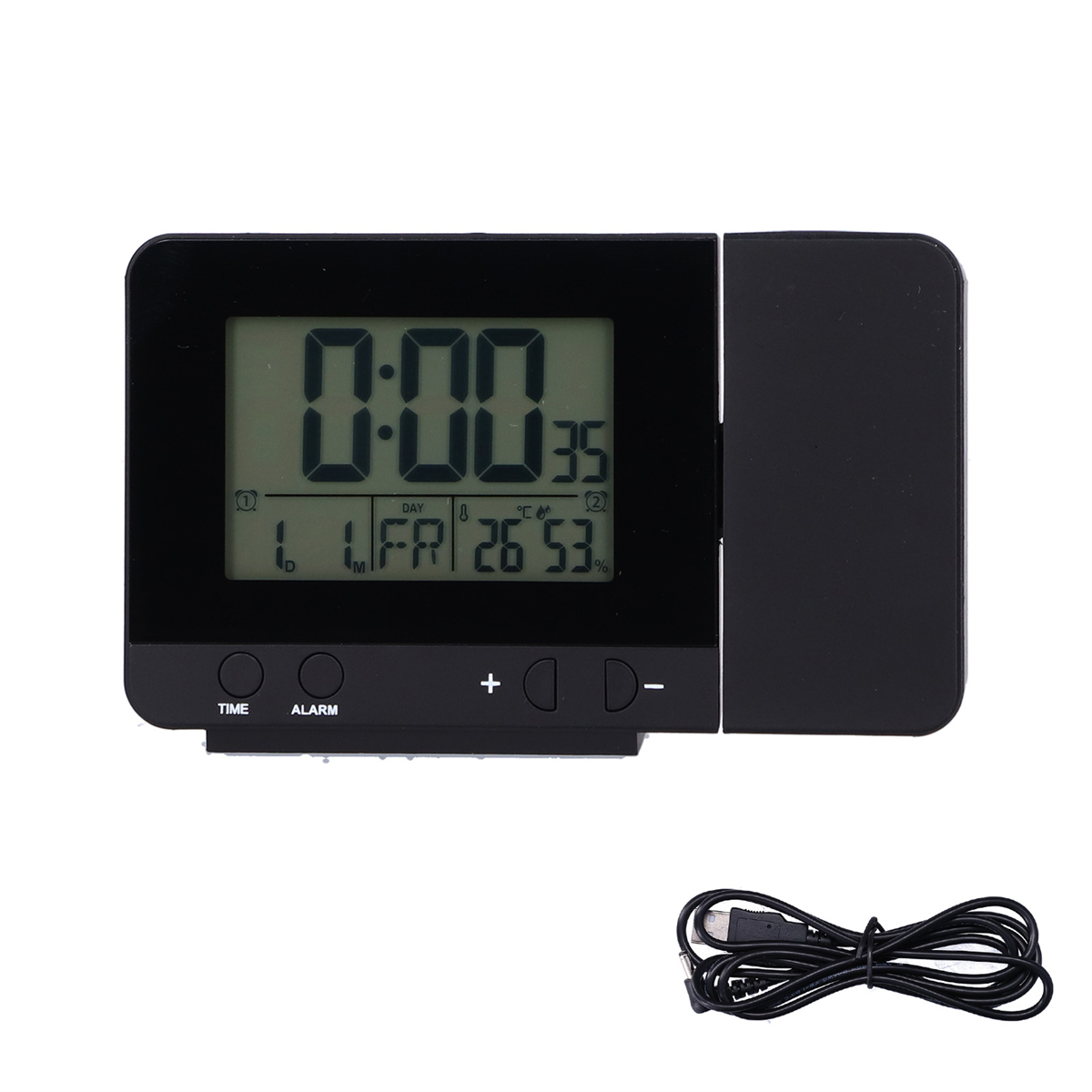 Schwarze Digitaluhr, die Zeit und Datum anzeigt. USB-Kabel unten. Weißer Hintergrund.