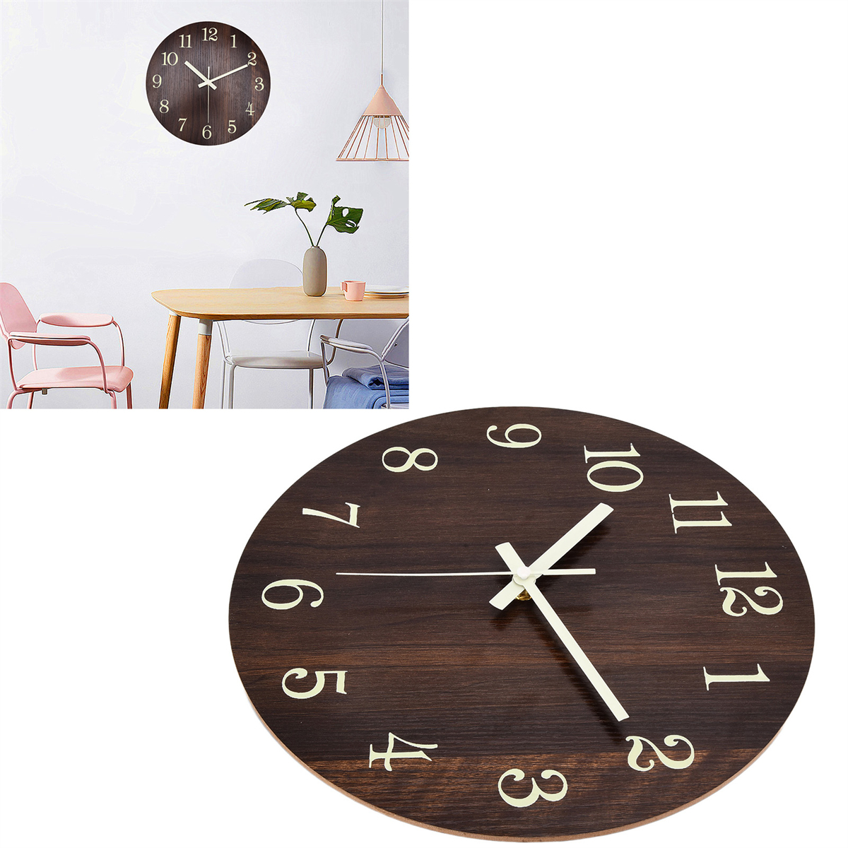 Holzuhr mit weißen Zahlen und eine kleinere Uhr an der Wand. Rosa und durchsichtige Stühle sind ebenfalls sichtbar.