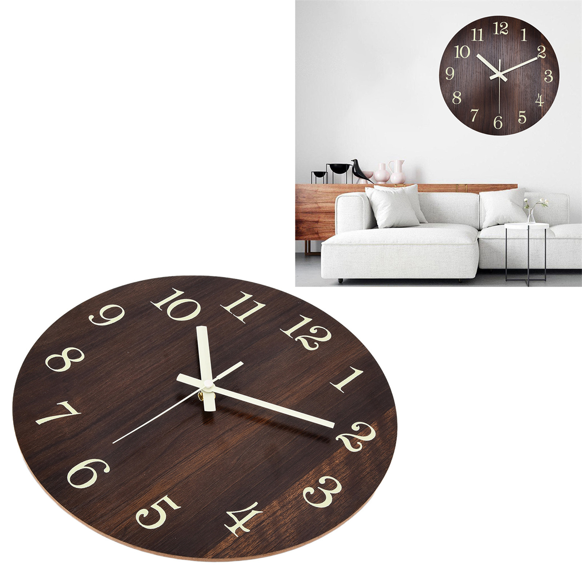 Zwei Bilder einer Holzuhr an einer weißen Wand. Die Uhr ist dunkelbraun mit cremefarbenen Zahlen.