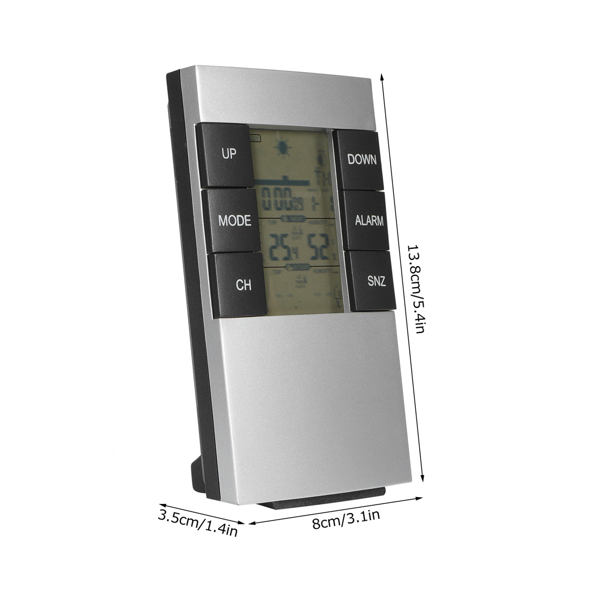 Silberne, rechteckige Wetterstation. Knöpfe mit Aufschrift UP, DOWN, MODE, ALARM, CH, SNZ. Abmessungen.