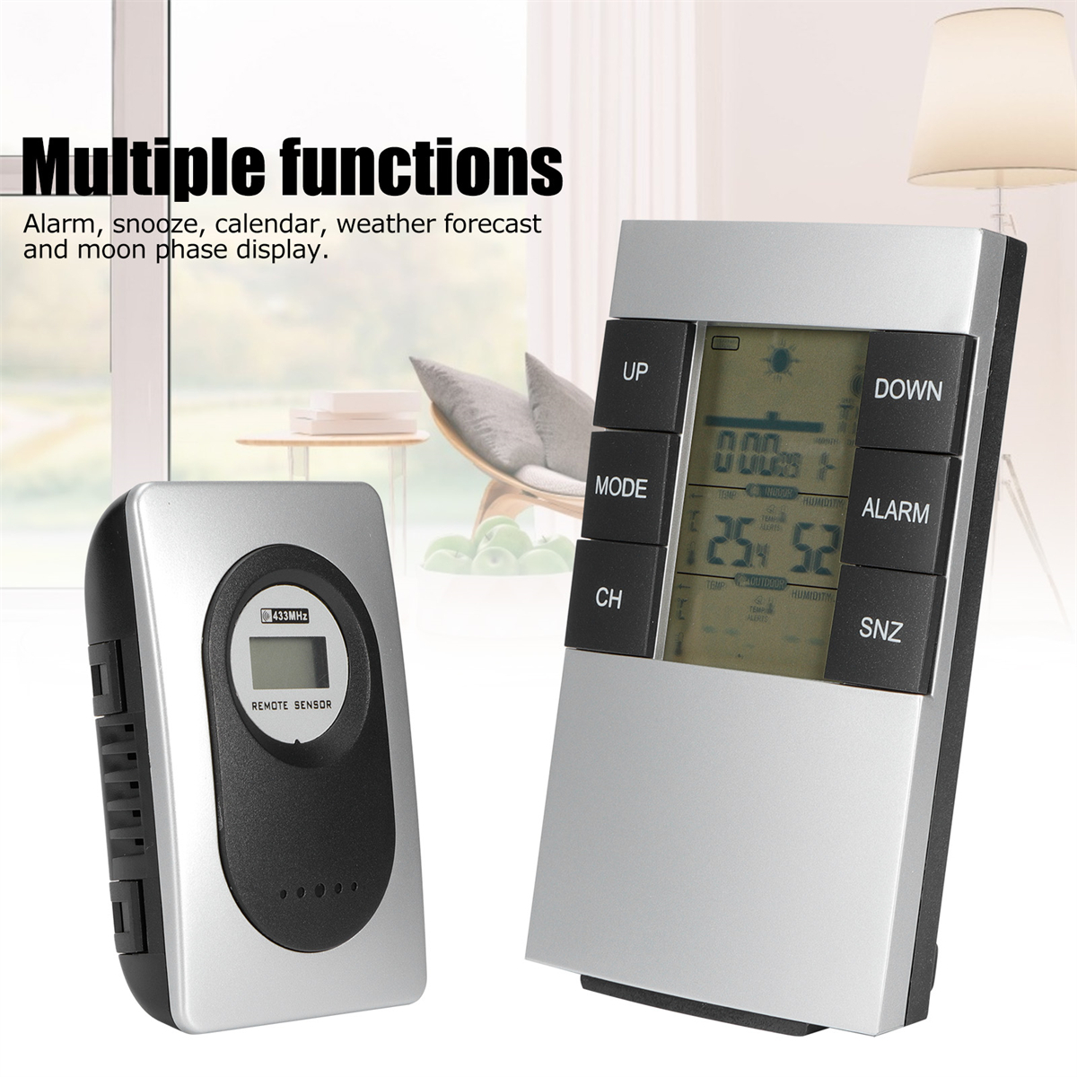Wetterstation mit Fernsensor, der Temperatur und Luftfeuchtigkeit anzeigt, und Tasten.
