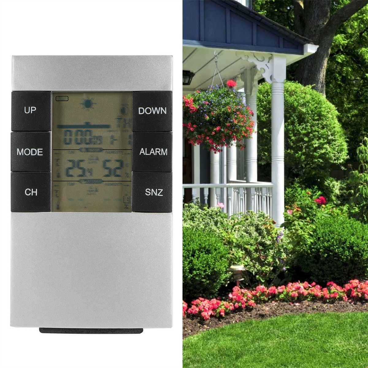 Wetterstation mit Display und Gartenszene. Die Station zeigt Temperatur und andere Daten.