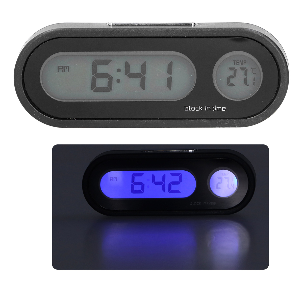 Schwarzer digitaler Wecker mit AM 6:41 und Temperatur. Ein zweites Bild zeigt 6:42.